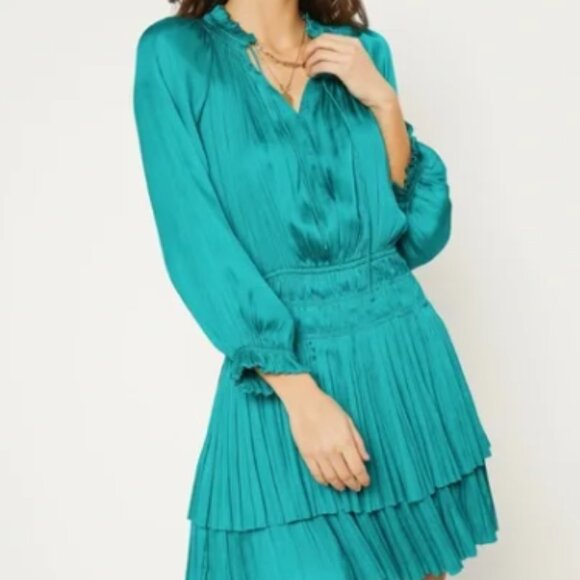Current Air Mini Dress Smocked pleated Medium TEAL long sleeve tunic - Picture 1 of 8